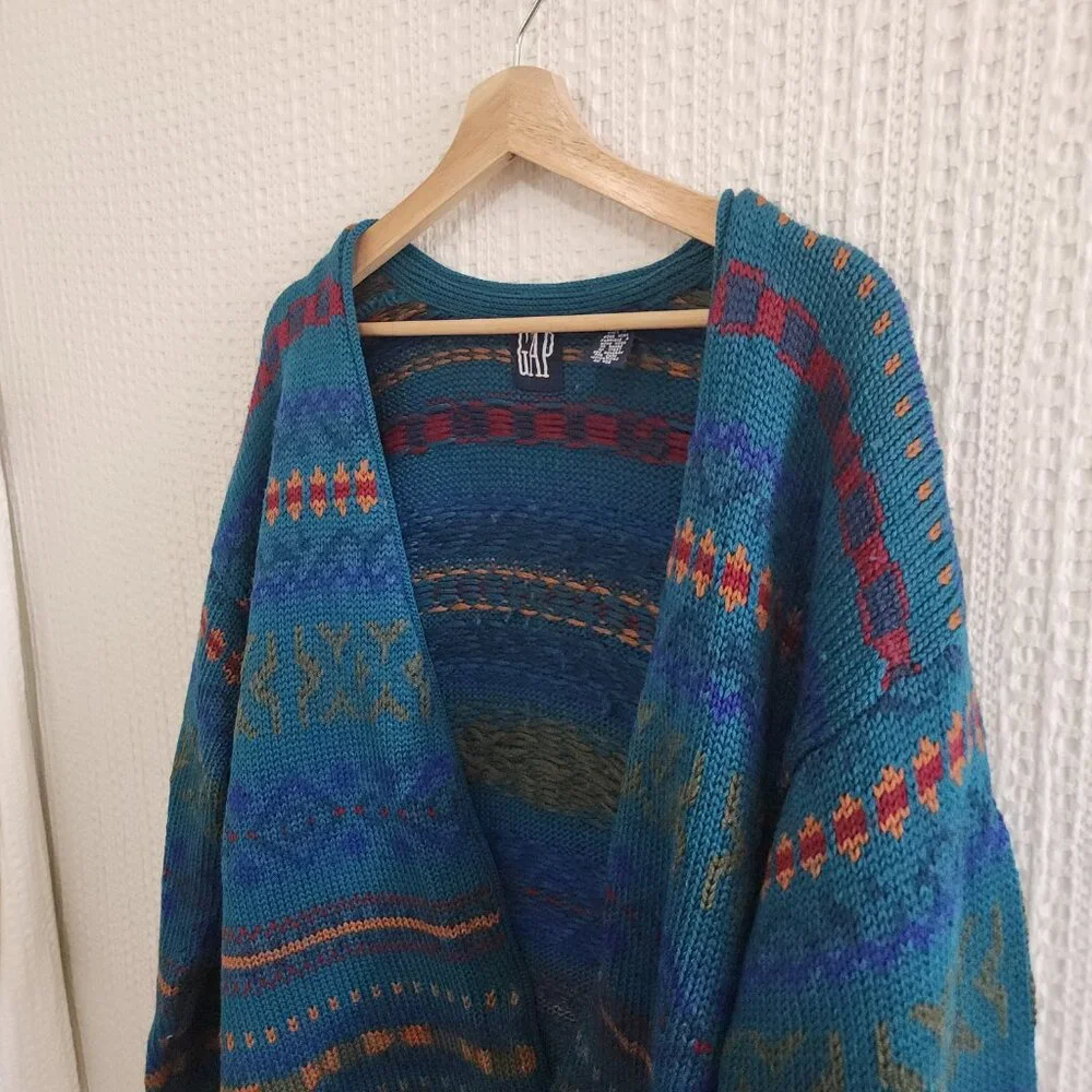 GAP Teal Multicolor Patterned Men's Cardigan